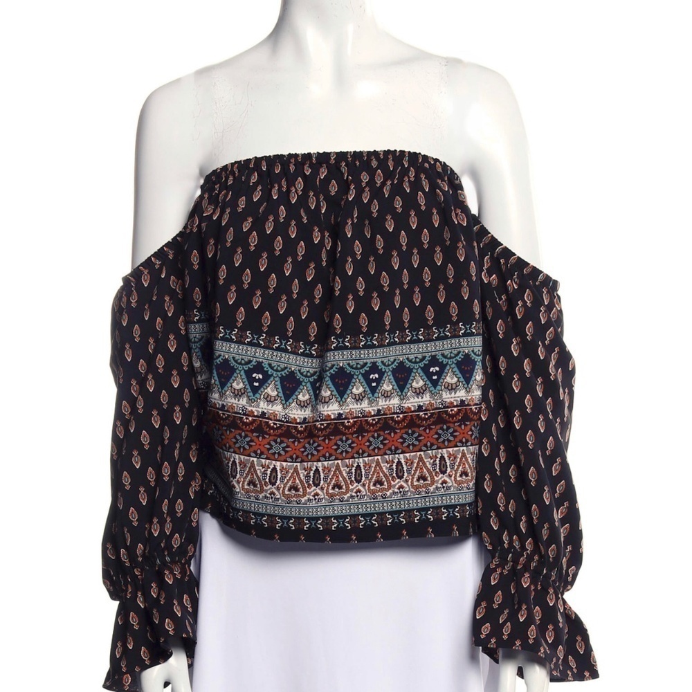 MISA Los Angeles Geometric Print Off Shoulder Peasant Top US M